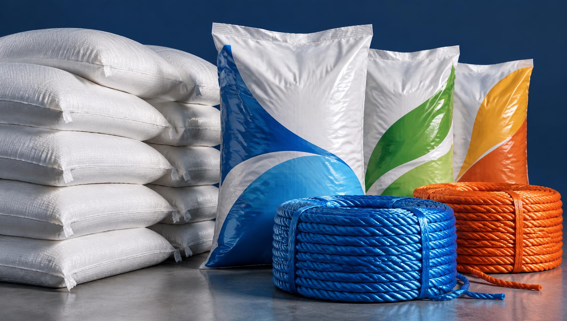 White woven PP bags, printed BOPP bags and coiled PP ropes